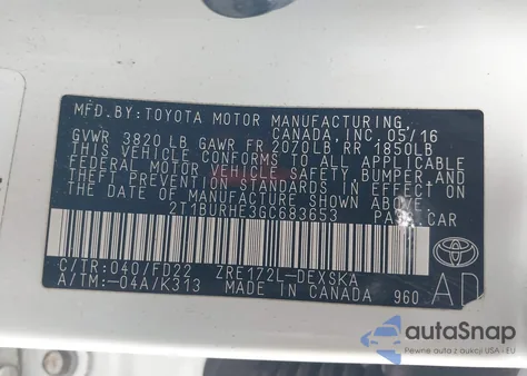 2016 Toyota Corolla S Plus z USA, uszkodzony, nr VIN 2T1BURHE3GC683653